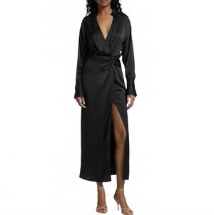 NEW RAMY BROOK aurora draped satin shirt dress in black